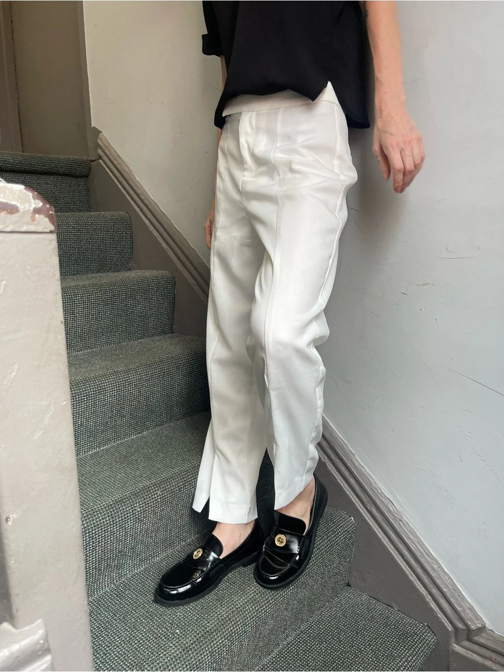Cropped White Tailored Slit Hem Trousers